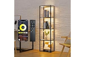 FENLO Fantasy Plus 66" Luxury Glass Display Shelf with Dimmable LED Floor Lamps, Sturdy Glass Shelves for Bedroom, Curio Cabinet with Bookshelf Display Case, Black