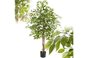 tectake® Albero di Ficus Artificiale, Foglie Realistiche, Vaso in Plastica, Decorazione per Soggiorno, Ufficio e Interni, Facile da Pulire, Arredamento - 160 cm