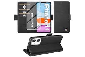 Giyer Handyhülle für iPhone 11 Hülle mit Schutzfolie, Standfunktion Kartenfach Wallet Premium Leder Schutzhülle für iPhone 11 5G 6.1 Zoll Flip Case Cover Stoßfeste Klapphülle (Schwarz)