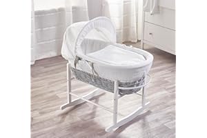 Kinder Valley White Waffle Grey Wicker Moses Basket with Chester White Rocking Stand, Adjustable Hood, Fibre Mattress & Padded Liner