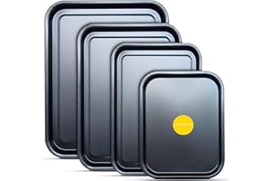 4-Pack - Baking Tray and Roasting Tray Set - 38cm, 35cm, 32cm, & 28cm Baking Tray Set Tray/Pan in Black, Non-Stick, Multi-Pack Set Oven Trays - Dishwasher Safe and Easy Clean. by KITCHENEUR®