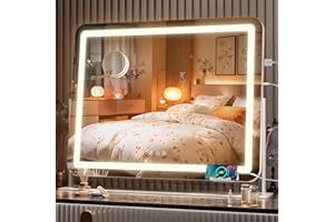 ‎HASIPU Hasipu Kosmetikspiegel mit Lichtern, 65 x 54cm, LED-Make-up-Spiegel, beleuchteter Spiegel mit 10-facher Vergrößerung und USB-Ladeanschluss, Handyhalterung, Smart Touch, 3 Farben, dimmbar, 360 Grad