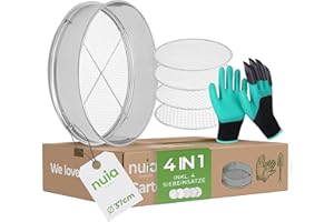 NUIA 4 in 1 XXL Gartensieb Set ⌀37 cm - Kompostsieb aus Edelstahl - 4x austauschbare Siebeinsätze - Set mit Gartenhandschuhen und Gartenschaufel - Edelstahl Sieb für Erde, Saatgut, Kompost