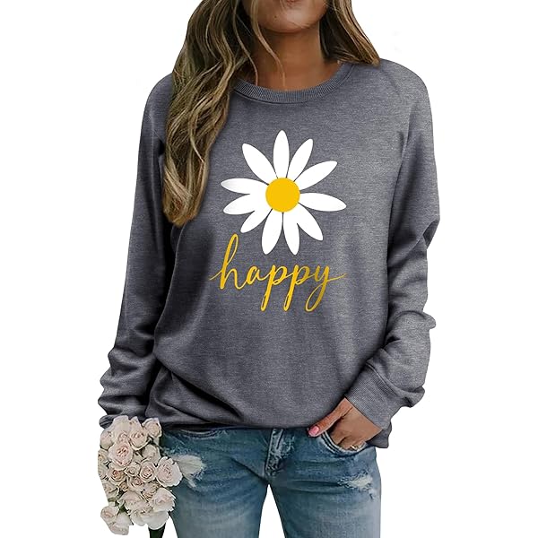 Dresswel Sweatshirt voor dames, smile print, grappige glimlachende ronde hals, katoenen trui, herfst, winter, casual, bovenstuk, lange mouwen, tops, XL