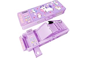 LilyBeauty Estuche multifunción Pop Up para niñas y niños, bonito organizador de lápices de dibujos animados, sacapuntas, calendario, pizarra blanca, suministros escolares para niños, morado, 27 cm,