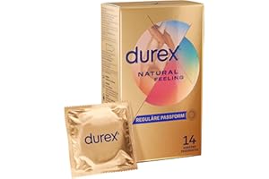 ‎DUREX Durex Natural Feeling Kondome – Latexfreie Kondome aus Real-Feel-Material & mit anatomischer Easy-On-Form – 14er Pack (1 x 14 Stück)