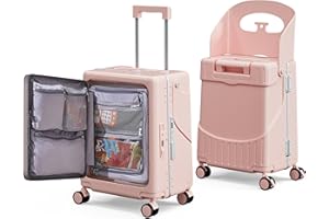 CyyKcc Toddler Luggage with Seat for Kids, 20 Inch Children Suitcase with Lockable 4- Spinner Wheels, 53x35x 28cm Pink Hardside Traveling case with Front Opening Door