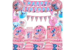 JIAJIAYI Lilo Stitch Stoviglie per Feste Compleanno,Decorazioni Compleanno Lilo Stitch,Stitch Set di Stoviglie per Feste,Piatto Tazza Tovagliolo Tovaglia di Paglia Striscione Buon Compleanno per Bambini