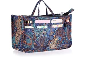 IGNPION Organizer do torebki, z nadrukiem, 13 kieszeni, rozszerzalna wkładka, torba, zapięcie na zamek błyskawiczny, organizer, torba na pieluchy z uchwytem, fioletowo-niebieski kwiat