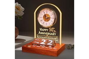 OkiyiD 50th Anniversary Wedding Gift, Anniversary Quartz Clock, Desk Table Clock, 50 Years of Marriage, Golden Wedding for Couple, Parents, Grandparents (Wooden Base with LED Light)