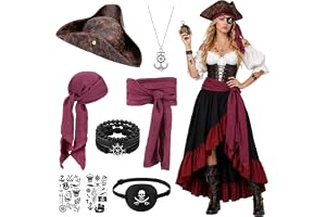SelfTek Halloween piratdräkt kvinnor män, pirattillbehör för fest | Piratdräkt med trespetshatt huvudduk midjebä armband ögonlapp kedja klistermärke för halloween karneval temafester