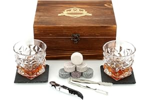 EXREIZST Whisky Stones, Whisky Glass Gift Set, Large Whiskey Rocks Stilling Stones, Coasters Stones & Bar Glasses in Handmade Wood Box– Cool Drinks with Dilution-Glasses Set de 2, para papá, Esposo, Hombres