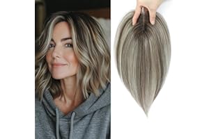 LASUNORK Hair Toppers for Women Fluffy Human Hair Topper 10inch Handmade Swiss Base Hairpieces 360° Cover Hairloss and Grey Hair (Ombre Brown with Blonde Highlight)