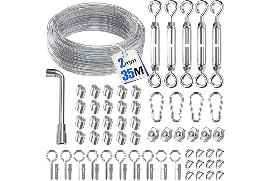 Ruesious 35M 69pcs Garden Wire for Climbing Plants - Durable Stainless Steel Cable Wire Kit, Fence Kit with Turnbuckle, Tensioner, for Hanging String Lights, Vine Eyes for Climbing Plants