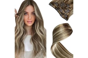 LaaVoo Extensiones Clip Pelo Natural Remy Humano Postizos de Cabello Clip in Hair Extensions Color 8/60/8 Ombre Marrón Claro a Rubia Platino y Marrón Claro 5 Piezas 70g 35CM