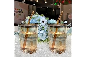 Cimvidi Juego de 2 400ml Vaso de Vidrio con Tapa y Pajitas, Diseño de Rayas de Cristal, Taza de Agua Helada Sellado a Prueba de Fugas, Taza de Viaje de Vidrio Pare Café, Batidos, Jugo (Ámbar)