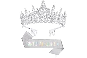 DRESHOW Birthday Crown and Sash for Women Birthday Queen Sash & Rhinestone Tiara Set Birthday Tiaras and Sashes for Girls Birthday Decorations Hair Accessories Glitter Sash for Party
