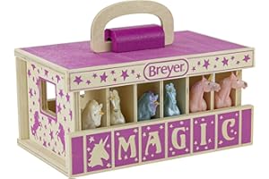 Breyer Bandai Unicorn Magic Wooden Stable Playset, 6 Stablemates 10cm 1:32 Scale Unicorn Toys And Wood Carrying Stable, Plastic Animal Figures Make Great Unicorn Gifts For Girls And Boys