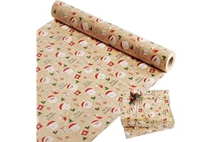 PECEHOM Christmas Wrapping Paper Roll,44cm x 15M Kraft Recyclable Package Paper Printed with Santa Claus Gift Box Snowflakes For Birthday Xmas Party Present Decorations