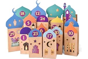 YAOZUP DIY Ramadan Kalender zum Befüllen, 30 Stück Eid Mubarak Kraftpapiertüte mit Ramadan Stern Mond Burg Aufkleber, Ramadan Deko, Ramadan Kalender Kinder Befüllen für Ramadan Dekoration