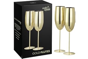 OS OAK & STEEL ENGLAND Oak & Steel - 2 Copas de Champán Doradas, 280 ml - Vasos de Prosecco de Acero Inoxidable Dorado con Caja de Regalo
