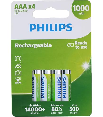 Piles Rechargeables Philips AA - Lot De 4 - 1300 MAh NiMH - Jusqu'à 1000 Recharges