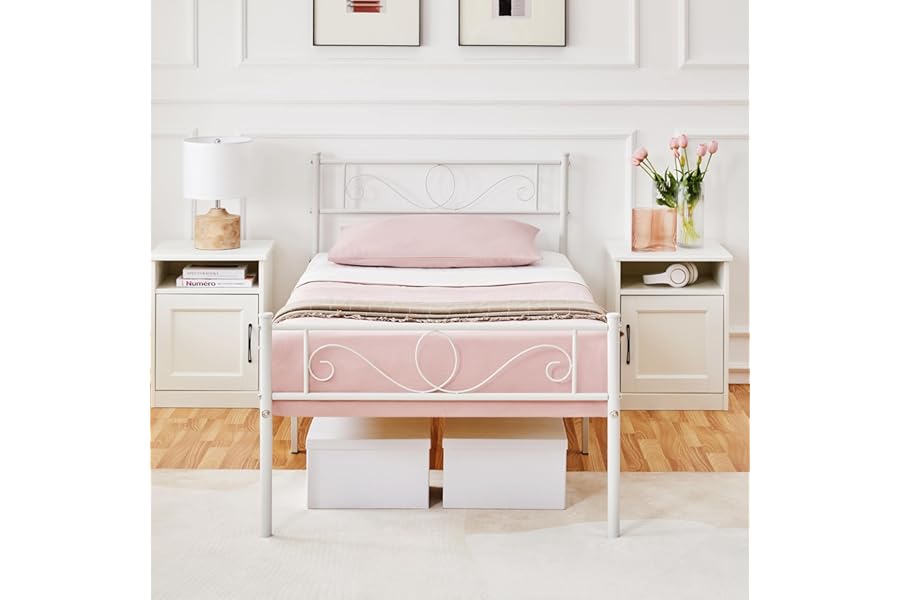 Yaheetech 3ft Single Bed Frame, Metal Platform Bed with Scroll Design Headboard and Footboard, Underbed Storage Space, White