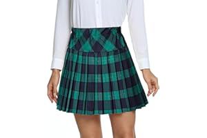 EXCHIC Donne College Stile Alta Vita Mini Pieghe Gonna Elastico Vita A-Line Scozzese Gonne con Breve Pantaloni