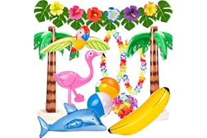 Whaline 31pcs Hawaiian Party Toys Set Inflatable Flamingo Palm Trees Beach Ball Banana Dolphin Parrot with Palm Leaves Hibiscus Leis Luau Flower Necklace for Hawaii Summer Beach Pool Party Supplies