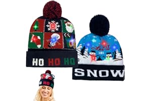 LYINUR 2 Pcs LED Light Up Christmas Hat, Xmas Santa Hat with Light, Unisex Knitted Funny Novelty Hats for Adult Christmas Party