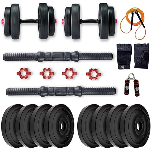 BULLAR Adjustable Dumbbells Set 8 Kg to 20 Kg with Pair of Dumbbell Rods and PVC Weight Plates with Gym Accessories (10 KG) s