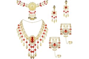 Kakonia Vergoldetes Bauchtanz-Schmuckset für Frauen, Kopfschmuck, Dreieck, Armband, Ringe, Statement-Halskette, Ohrclips, Halloween-Party-Kostüm Gold