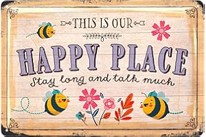 LANOLU Vintage Tin Sign - This is Our HAPPY PLACE, Metal Garden Plaque - Decorative Outdoor Sign, 12x8"