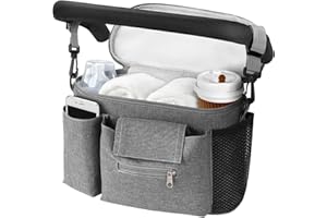 HOTUT Pram Bag,Upgraded Pram Organiser with Touch Screen Phone Pocket,Stroller Organizer with 2 Mesh Bag and Adjustable Shoulder Strap,Baby Pushchair Organiser for Diapers,Wipes,Bottles,Keys(Gray)