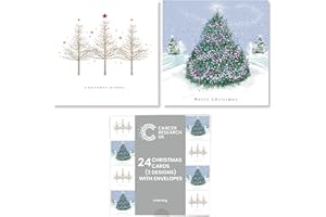 Cancer Research UK Box of 24 Charity Christmas Cards - 2 Designs - Trees Duo
