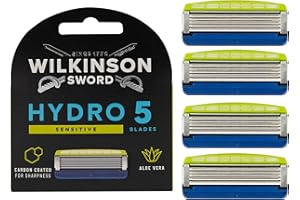 WILKINSON SWORD - Hydro 5 cuchillas de afeitar sensibles para hombres, aloe vera para reducir la irritación, gel hidratante y recortadora de precisión, paquete de 4 recambios de cuchillas de afeitar