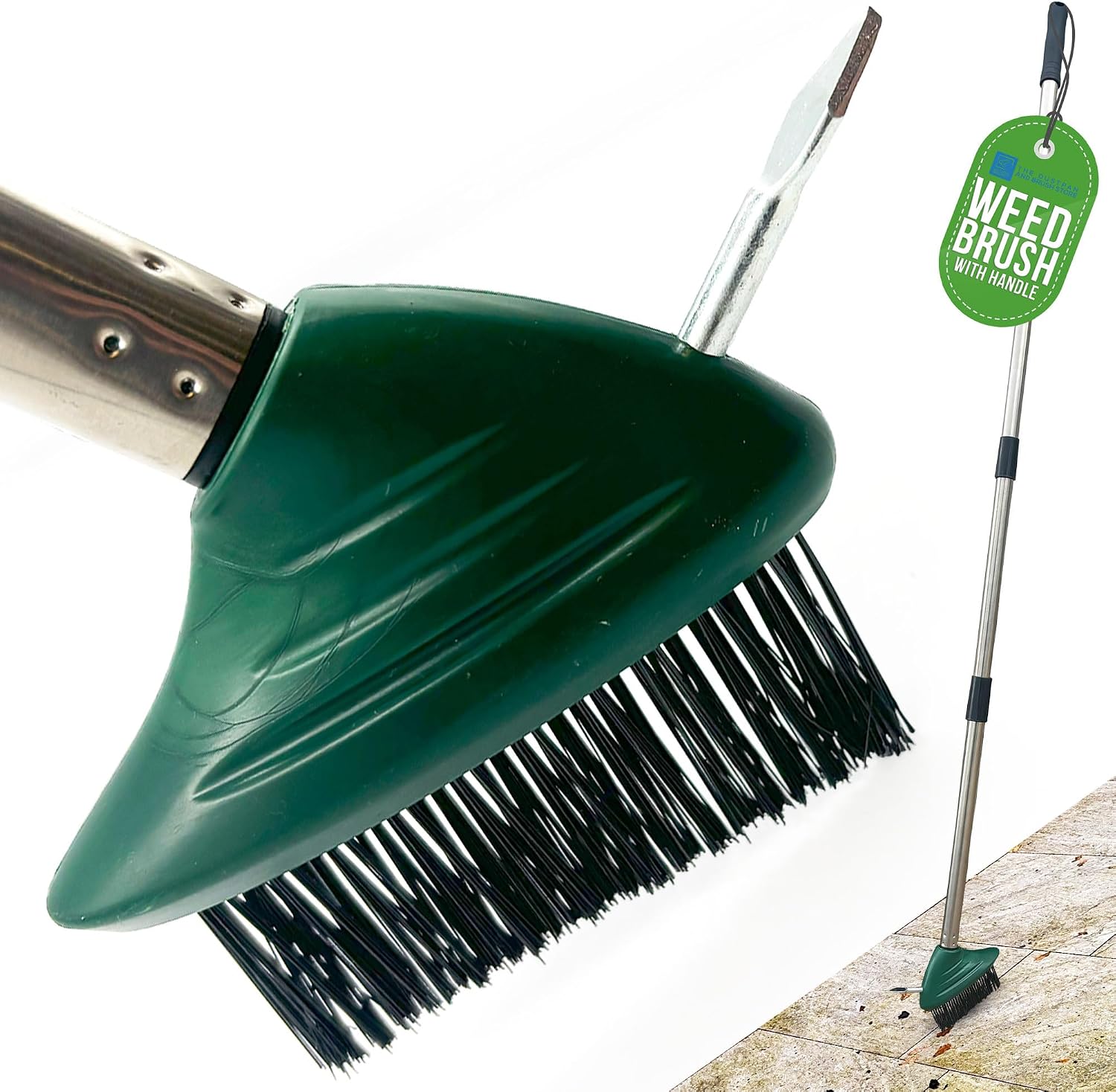 Angled Weed Remover Tool Brush Long Handle with Built-In Weed Scraper Tool, Moss Remover Patio Brush, Metal Bristles for Removing Moss, Ideal for Garden, Driveway, and Block Paving Patio Cleaner