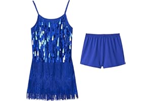 LOLANTA Girls Sequin Fringe Dance Costume, Kids Salsa Rumba Latin Dancing Clothes Set, Sparkling Sleeveless Tassel Dance Mini Dress with Shorts