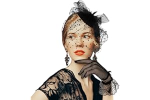 Yolev Kapelusz fascynator koronkowy kapelusz z piórami i koronkowe rękawiczki siatkowe zestaw Vintage koronkowe ślubne ślubne ślubne akcesoria do kostiumów kościelnych, Czarny, Taglia unica