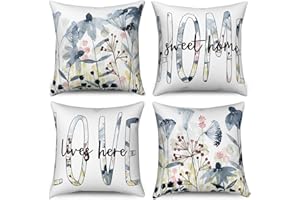 Funda de Cojín Flores 45x45 Juego de 4, Hnmdmyi Acuarela Azul Vintage Planta Flor Hogar Dulce Hogar Fundas de Cojín Decorativas Arte Estético Funda de Cojín de Lino para Sofá Cama Decoración del Hogar