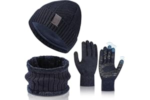 TAGVO Gorro y Bufanda Guantes Set Invierno Hombre Mujer, 3 en 1 Set de Punto Sombreros Beanie de Cálidos Bufanda Cuello y Guantes Pantalla Táctiles para Esquí Excursionismo Ciclismo Regalos