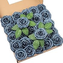 25 rose artificiali blu con steli, profumo di nozze con rose bianche