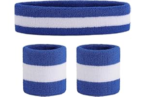 ONUPGO Sweatband Set (3 Pieces) Sports Headband Wrist Striped Sweatbands Terry Cloth Wristband Athletic Exercise Basketball Wrist Sweatband and Headbands Moisture Wicking Sweat Absorbing Head Band