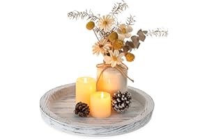 Hanobe Drewniana taca na stolik kawowy: okrągłe dekoracyjne drewniane tace do serwowania rustykalny biały centralny świecznik wiejski taca otomana do dekoracji blatu kuchennego wystrój domu