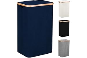 SG Traders 100L Laundry Hamper with Lid - Large Hampers for Laundry with Handles - Laundry Baskets with Lid for Bedrooms - Bamboo Bathroom Tall Laundry Bin (Blue)