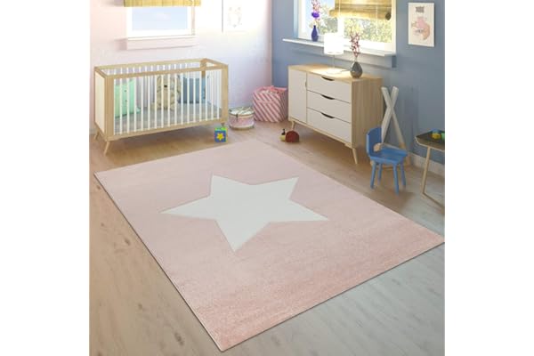 Paco Home Alfombra Habitación Infantil Niña Moderna Gran Estrella En Rosa Pastel Y Blanco, tamaño:80x150 cm