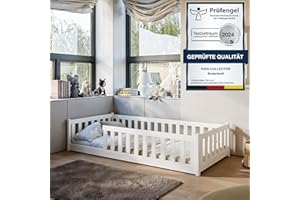 Kids Collective Lettino da pavimento 80 x 160 cm, letto con materasso, protezione dalle cadute e rete a doghe Montessori, letto singolo, set completo | legno massiccio bianco per bambini e bambine