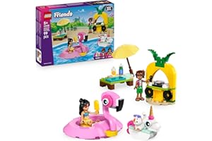LEGO Friends Fiesta en la Piscina con Flamenco y Unicornio - Juguete con Flotadores de Animales, 2 Mini Muñecos y Figura de Gato Churro - Cabina de DJ y Tumbonas - Regalo para Niñas de 5+ Años 42658