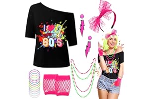 Sekepingo Disfraz Años 80 Mujer Neón, Conjunto de Disfraz de Los 80 para Mujer Chándal Retro, Camiseta, Guantes de Rejilla, Diadema, Pendientes, Collar y Pulsera
