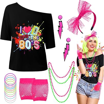 Kit De Accesorios De Disfraz De Los Años 80 Para Mujer - 11 Piezas (Tutú, Riñonera, Collar, Pendientes, Gafas...) - Neon Rosa